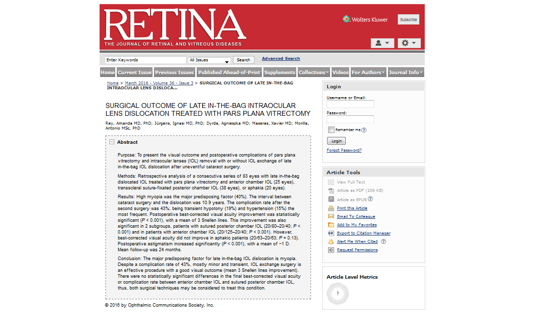 L&rsquo;American Academy of Ophthalmology choisit un article du Dr. Jürgens et la Dr. Rey comme article recommandé