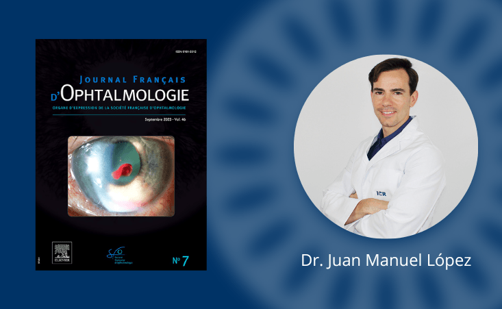 El Dr. López junto a la portada de su estudio sobre la enfermedad AZOOR