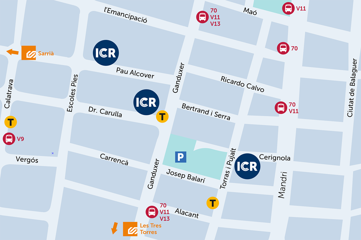 Mapa con la ubicación de los 3 principales centros de ICR en Sarrià, Barcelona