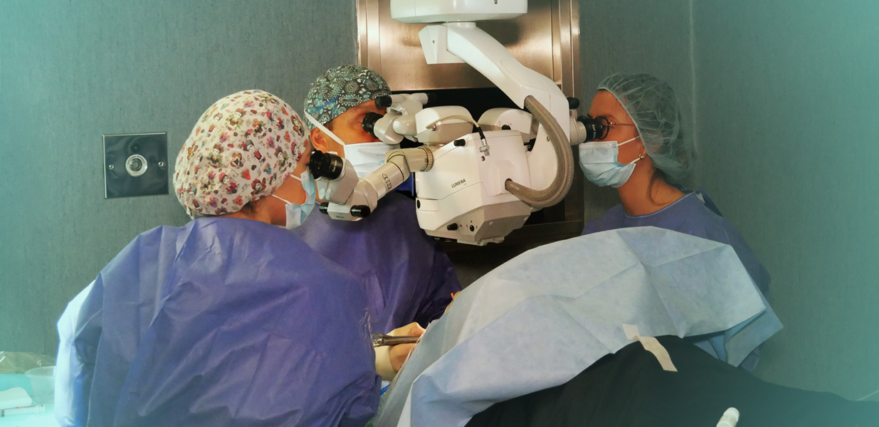 Ophthalmologists and nurses during a surgery in an ophthalmological operating theater