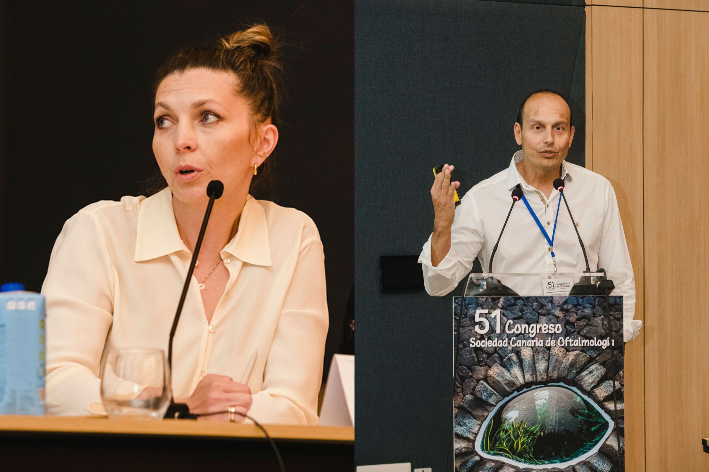 La Dra. Dyrda y el Dr. Navero en sus intervenciones en el 51 Congreso de la Sociedad Canaria de Oftalmología